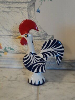 vintage Portugal ceramic rooster~ blue & white